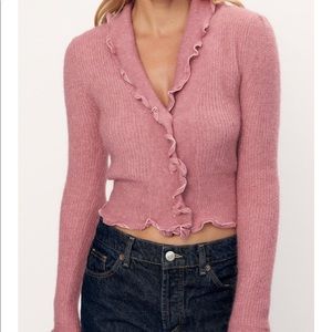 Zara Combination Knit Cardigan Wool Rose Pink Sweater Button Up Sweater Medium